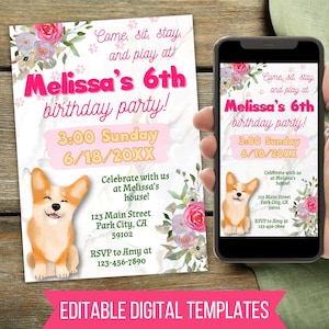 Bearbeitbare Corgis Geburtstagseinladung, Rosa Welpen Party einladen, Baby Mädchen Hund erstes Jahr Evite, Blumen Hündchen Kleinkind Bday Pawty, Download 3001
