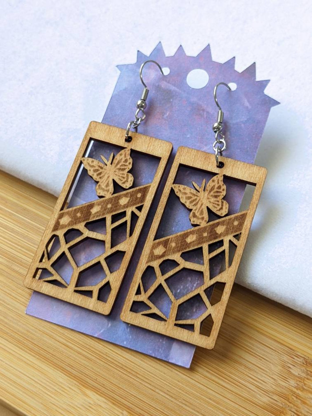 Japanese Butterfly Hanafuda Basswood Earrings / Wooden Earrings
