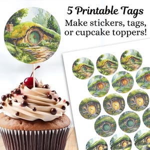 May include: Five printable tags featuring a watercolour illustration of a hobbit hole with a green door. The tags are perfect for making stickers, tags, or cupcake toppers. The text "5 Printable Tags" and "Make stickers, tags, or cupcake toppers!" is printed on a white background.