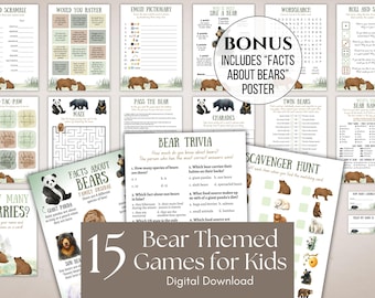 Bear Themed Kids' Game Bundle | 15 Group Activities For Children | Trivia Printable | Wildlife Scavenger Hunt | Woodland Party Download 3068