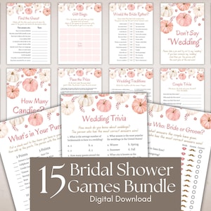 May include: A collection of 15 bridal shower game cards featuring a soft pink and white pumpkin floral border. Each card includes printed text for activities like Word Scramble, Wedding Trivia, and Gift Bingo, with a cohesive autumn-themed design.