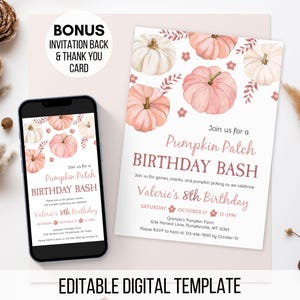 Puede incluir: Una plantilla de invitación de cumpleaños digital con ilustraciones en acuarela de calabazas rosas y blancas. El texto dice: Join us for a Pumpkin Patch BIRTHDAY BASH, Valerie's 8th Birthday, Saturday October 17, 12-2PM, Grampa's Pumpkin Farm.