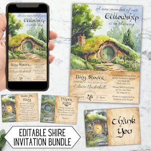 Editable Fantasy Shire Baby Shower Invitation Bundle, Magic Ring Party, Cottage Core Elvish Evite, Fellowship Invite Card Set, Download 3020