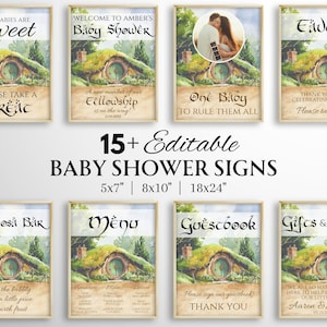 Puede incluir: Una colección de más de 15 letreros editables para baby shower en tamaños de 5x7, 8x10 y 18x24 pulgadas. Cada letrero presenta una ilustración en acuarela de una colina verde con una puerta redonda y el texto: Babies Are Sweet, Welcome to Amber's Baby Shower, One Baby to Rule Them All, Favors, Mom-osa Bar, Menu, Guestbook y Gifts & Cards.