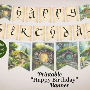 Afdrukbare Fantasy Shire Happy Birthday banner, Magic Ring Party, Elvish Quest-gors, Cottage Core Adventure-decoraties downloaden 3020