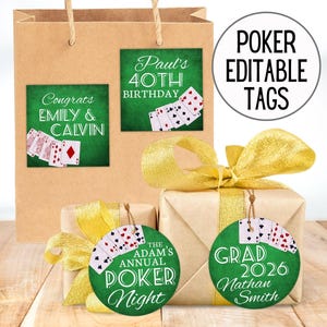 Bewerkbare pokertags, Vegas-verjaardagsgunsten, vrijgezellenfeest casinoavond, all-in-kaartspel afstudeerdecoraties, cadeaulabel downloaden 3021