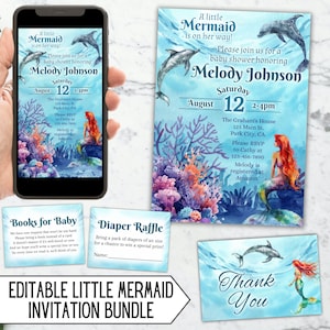 Lot d'invitations modifiables pour baby shower, petite sirène, fête sous la mer, princesse de l'océan Evite, jeu de cartes d'invitation fille d'été, téléchargement 3027