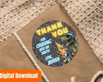 Editable Dinosaur Motorcycle Thank You Tags, Boy T-Rex Birthday Party Favors, Jurassic Guest Stickers, Gift Labels, Instant Download 3008