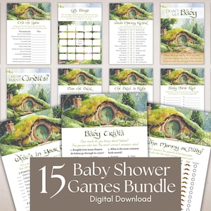 May include: A bundle of 15 baby shower games with a whimsical design. The games feature illustrations of a hobbit hole and include titles like "Word Scramble," "Gift Bingo," and "Baby Trivia." The text "Baby Shower Games Bundle" is prominently displayed.
