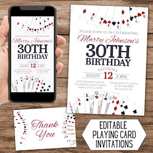 Invitación de cumpleaños editable con naipes, imprimible para fiesta en Las Vegas, Noche de casino con invitación electrónica, invitación para jugar al póker con todo incluido, descarga de Texas Hold'em 3019