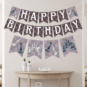 Schachfigur Geburtstag Banner, Brettspiel Party, Familiennacht Feier, Schachmatt Turnier Printable Dekorationen, Download 3007