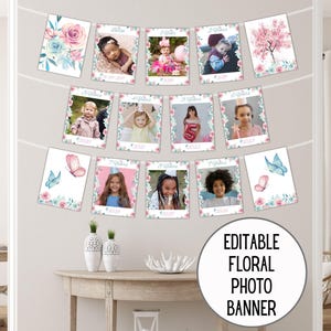 Striscione fotografico personalizzato floreale, decorazione personalizzata con fiori rosa pastello, farfalla blu per feste di compleanno, cartello per festa di nozze, download 3056