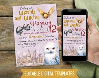 May include: Editable digital templates for a Harry Potter themed birthday party invitation. The invitation features a watercolor illustration of Hogwarts castle, a golden snitch, and an owl. The text on the invitation reads "Calling all Wizards and Witches Payton is turning 12".