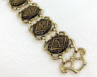 Vintage Bracelet Link Panels Black Molded Glass Stones Gold Tone Winged Dragon/Serpent Design Wide 7 1/2”