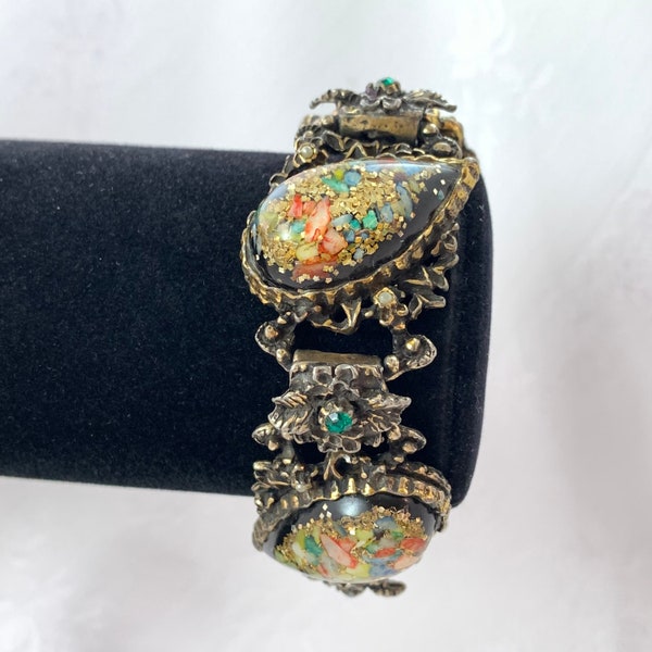 Vintage Bracelet Confetti Clear Lucite Multi Color Confetti Green Rhinestones Antiqued Gold Tone Selro Selini Style