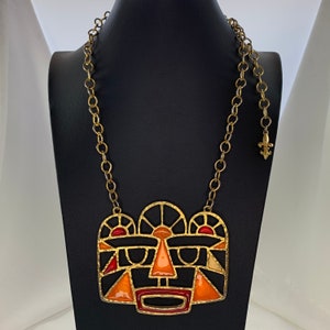 Vintage Vendome Necklace Large Pendant Mask Face Mayan Open Work Orange Red Acrylic Plexiglass Gold Tone