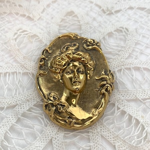 Vintage Brooch Cameo Gibson Girl Victorian Revival Repousse Raised Image Portrait Gold Tone