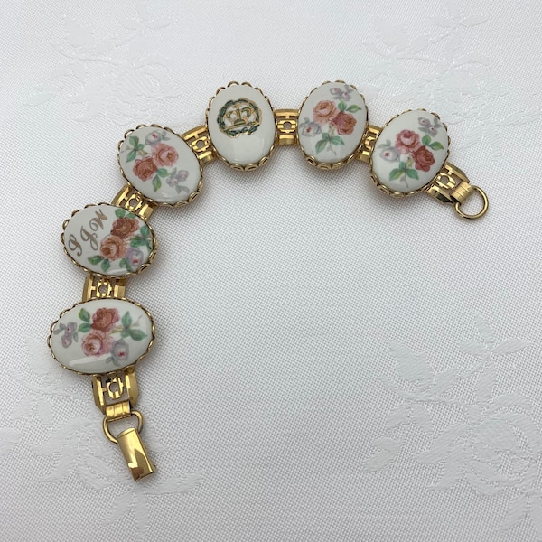Vintage Bracelet Porcelain Flower Links Pink Flowers Crown Symbol Hand Painted Initials PJW