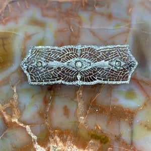 Vintage Brooch J.H. Peckham Art Deco Filigree Rhodium Plated Three Clear Rhinestones Silver Tone