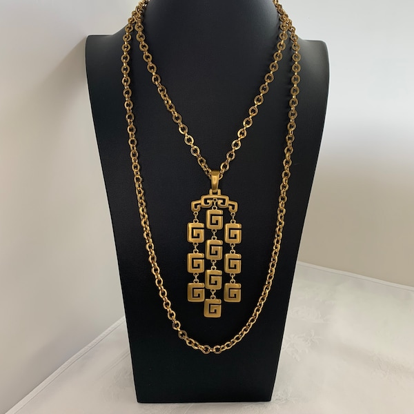 Vintage Trifari Necklace Large Greek Key Pendant Brushed Finish Double Chain Polished Gold Tone Signed