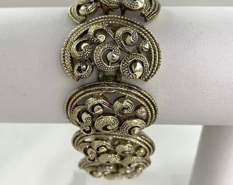 Bracelet Vintage Jewelcraft (Corocraft) Années 60 - Laiton Vieilli Avec Strass Bleus