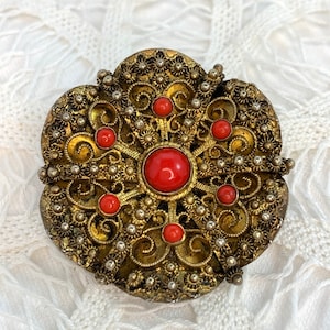Vintage Brooch Topazio Red Coral Cabochons Vermeil Silver Portugal