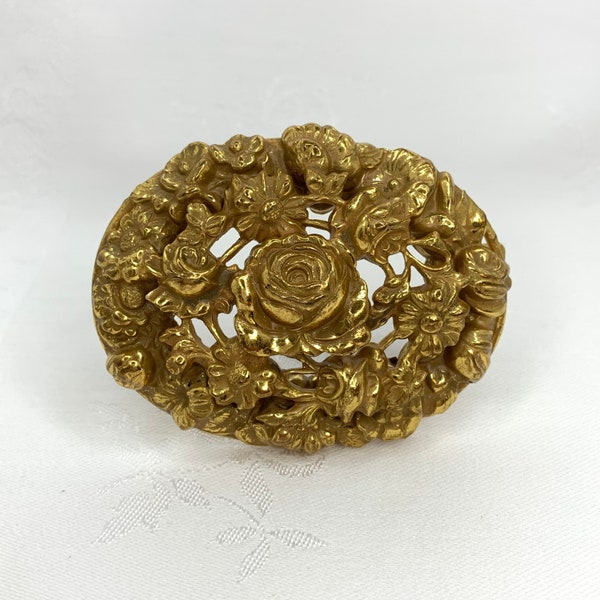 Vintage Sash Brooch Large Rose Flower Garden Raised Open Work Antiqued Gold Tone