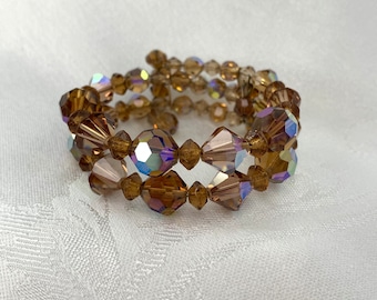 Vintage Bracelet Memory Wire Root Beer Color Glass Aurora Borealis Faceted Beads Round Bi-Cone