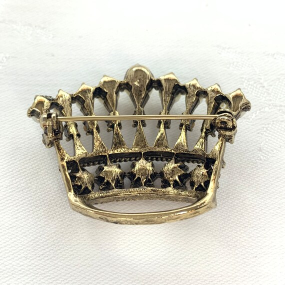 Vintage Brooch Crown Faux Pearls Multi Color Rhin… - image 2