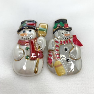 Vintage Brooches (Two) Snowman Ceramic Iridescent Finish Black Hat Broom Redbird Scarf Carrot Nose