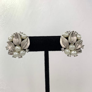 Vintage Trifari Earrings Faux Pearls Clear Rhinestones Silver Tone Clips Crowned T