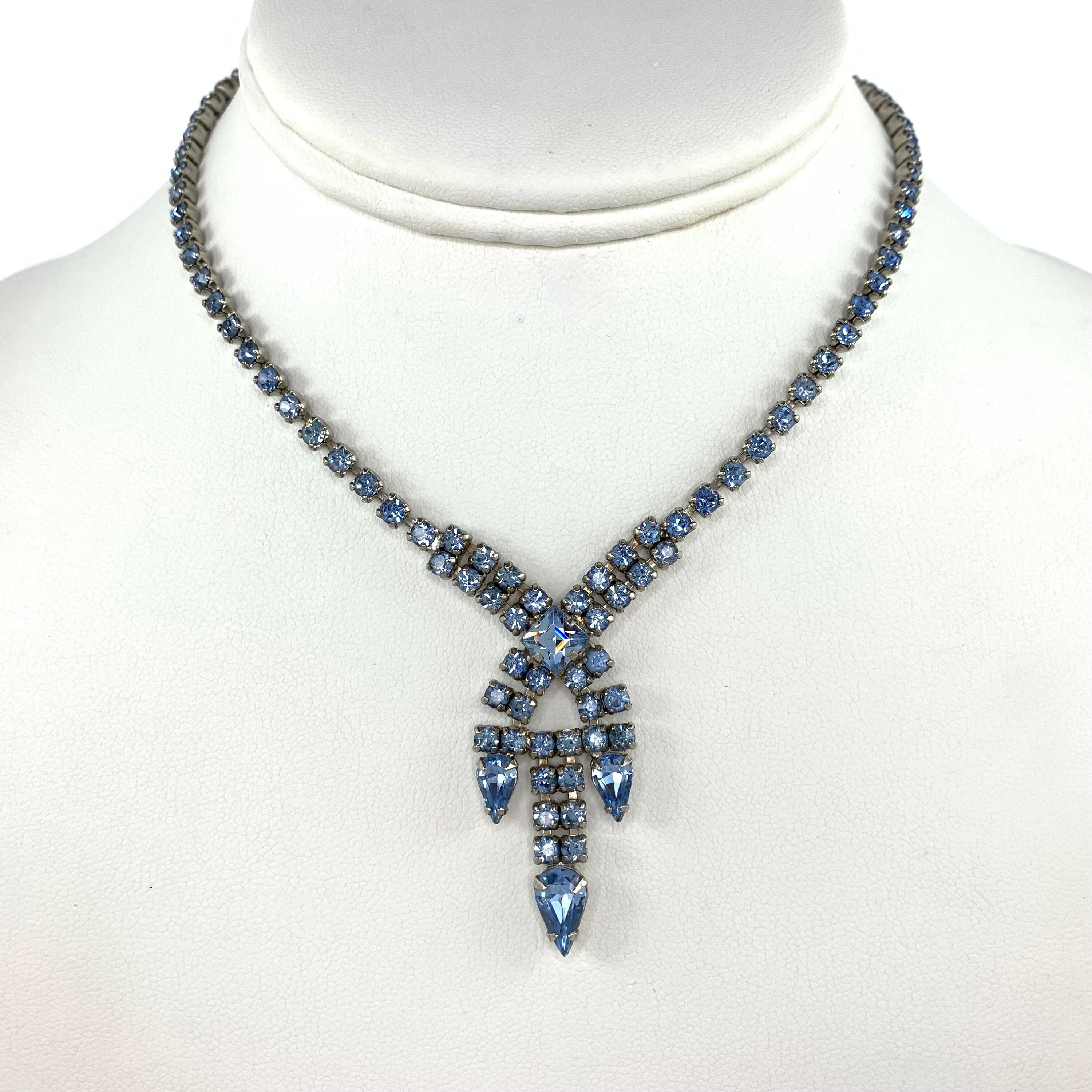 Vintage Blue Rhinestone Choker Necklace: Pear & Square Pendant