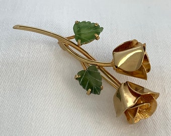Vintage Brooch Budding Roses Jade Leaves Gold Tone