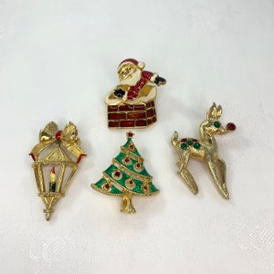Vintage Christmas Brooches (4) Rudolph Reindeer Santa Chimney Trembler Gerry’s Lantern Christmas Tree