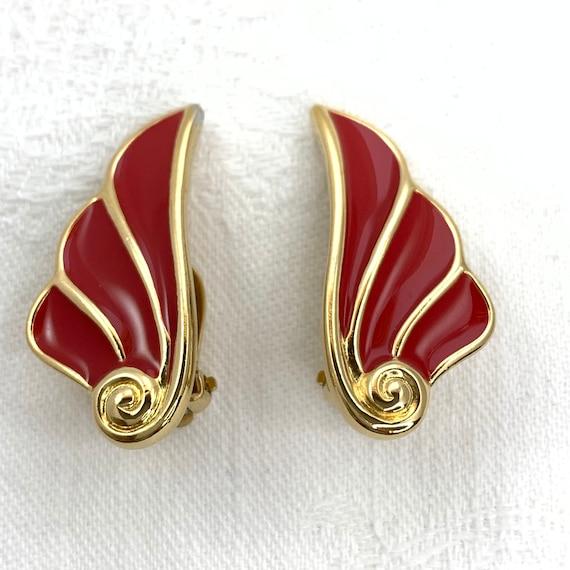 Vintage Trifari Earrings Red Enamel Wing Shape Cl… - image 2