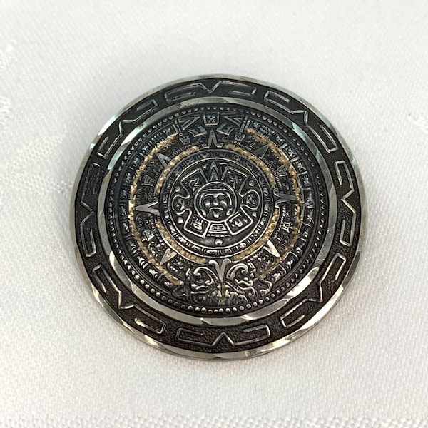 Vintage Pendant Brooch Sterling Silver 925 E.V.B Hecho Mexico Mayan Aztec Calendar Sun Diamond Cut
