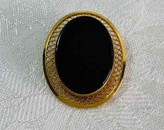 Vintage Danecraft Black Onyx Brooch Pendant: 1/20 12K Gold Filled Filigree