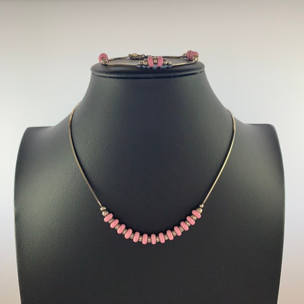 Vintage Necklace & Bracelet 925 Sterling Silver Square Serpentine Chain 925 Beads Pink Acrylic Beads 925 Italy