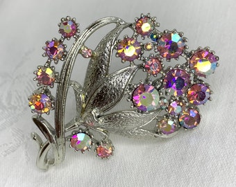 Vintage Coro Brooch Flower Pink Purple Aurora Borealis Rhinestones Silver Tone