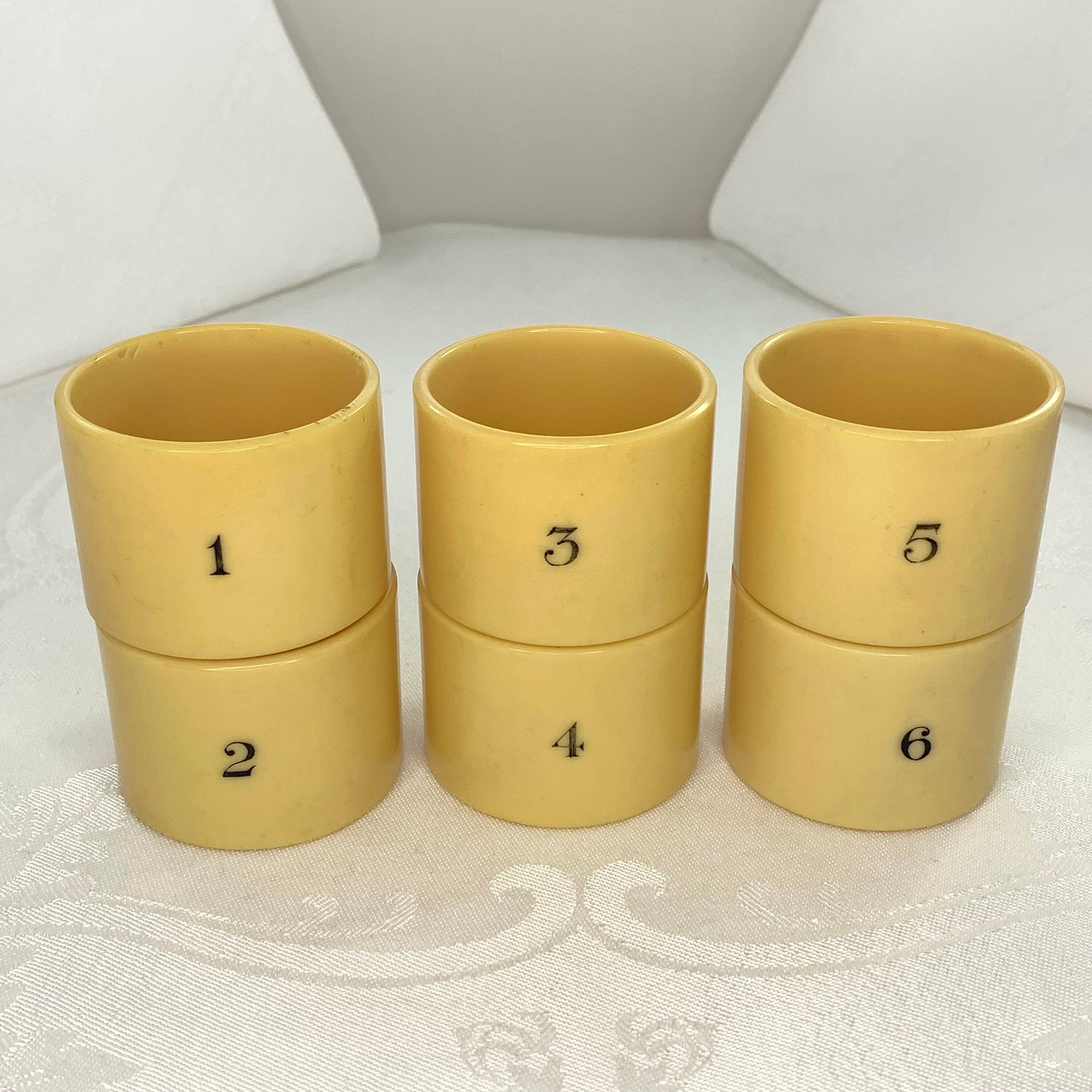 Antique Celluloid Napkin Rings Six 6 French Ivory Numbered One Through Six 1920s Art Deco