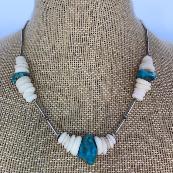 Vintage Necklace Puka Shells Turquoise Chips Tiny… - image 1