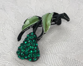Vintage Brooch J.J. Jonette Jewelry Green Rhinestone Pear Japanned Finish