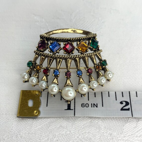 Vintage Brooch Crown Faux Pearls Multi Color Rhin… - image 3