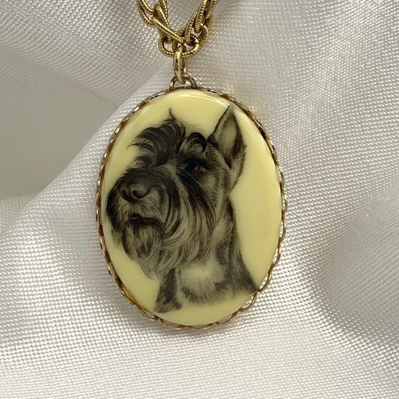 Vintage Pendant Necklace Schnauzer Dog Image Faux Scrimshaw Acrylic