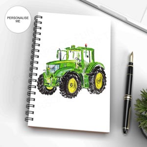 Personalised Green and Yellow Tractor with Any Name or Message - Farm Themed Gift - A5 Notebook - Matching Wrapping Paper