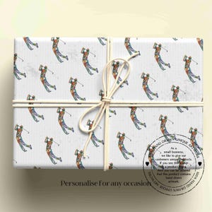 Personalised golf wrapping paper featuring exclusive hand-drawn golfer artwork, customisable for birthdays, Father's Day, Christmas and any special occasion.
