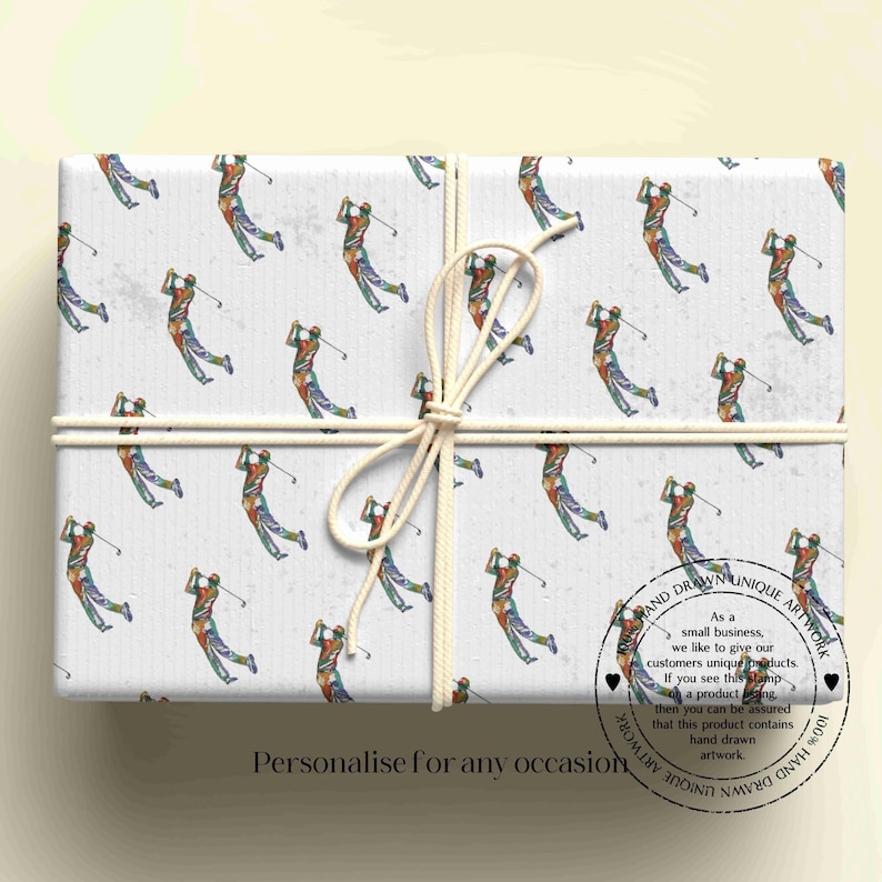 Personalised golf wrapping paper featuring exclusive hand-drawn golfer artwork, customisable for birthdays, Father's Day, Christmas and any special occasion.