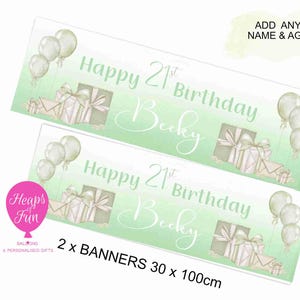 2 x Personalised Green Balloons Birthday Banner -  Any name & Age - Custom Banner
