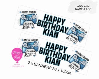 2 x Personalised Gaming Birthday Banner -  Any name & Age - Gaming Party Decoration - Custom Banner