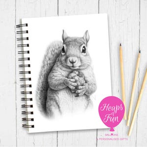 May include: A notebook with a detailed pencil drawing of a squirrel holding a nut. The squirrel is in shades of grey and white. The notebook is spiral-bound and on a white surface. Three pencils and a pink balloon graphic that says "Heaps of Fun" are also visible.